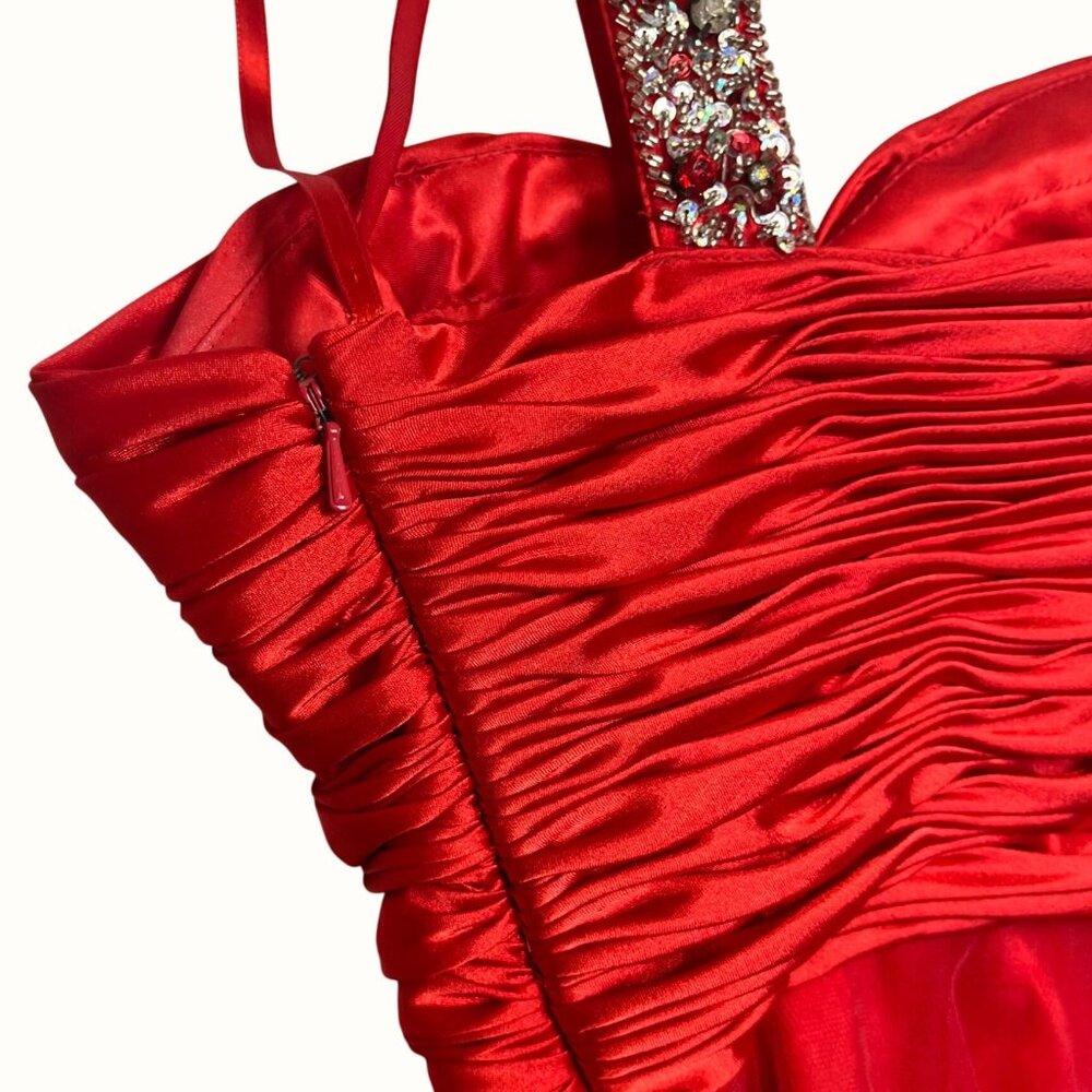 Red Satin & Tulle One-Shoulder Dress W/ Rhinestone Strap & Ruched Bodice Short S - Picture 3 of 12